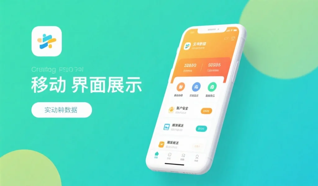 手机客户端界面展示，突出实时数据、账户安全和个性化推送等主要功能，色彩明快，风格现代